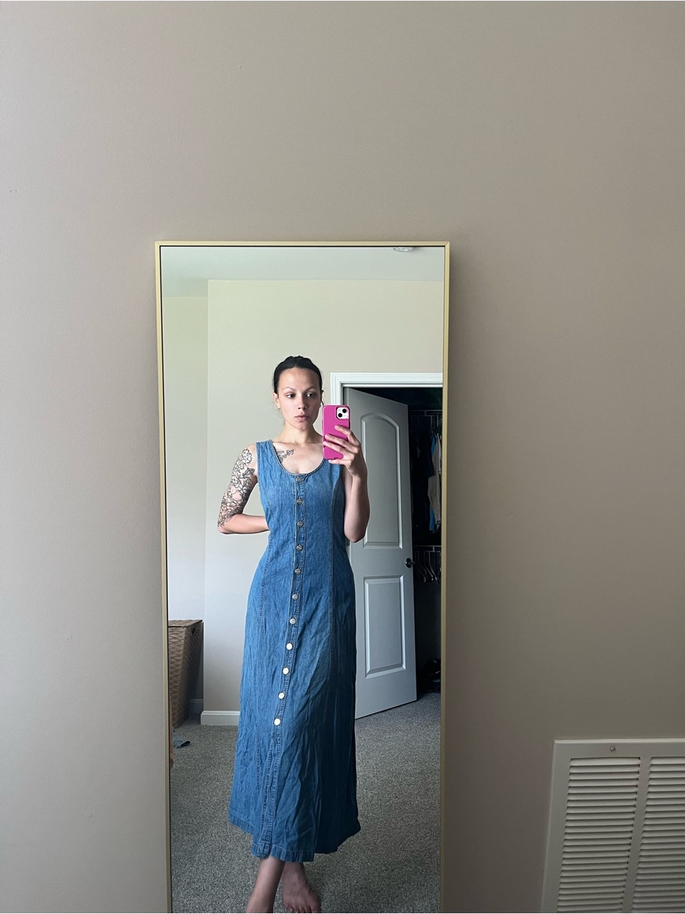 VTG 90s M.I.C. Denim Button-Front Sleeveless Midi Dress 100% Cotton